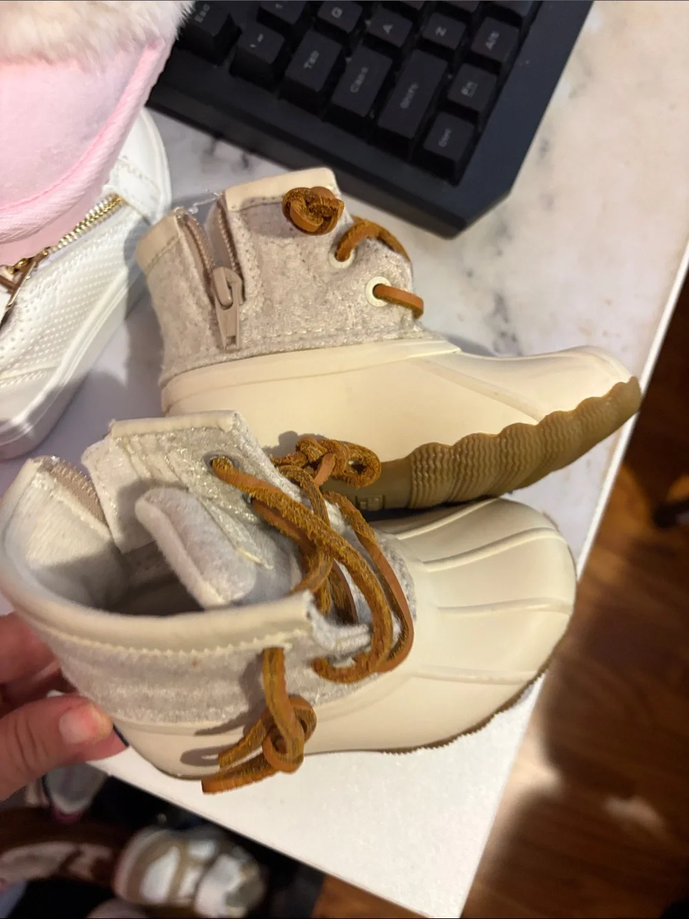 Sperry Cream and Tan Kids Duck Boots